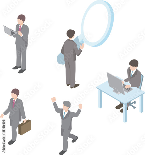 Isometric Businessman Illustration Set. Male Office Worker in Various Poses like Thinking, Searching, and Celebrating
