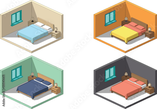 isometric bedroom interior illustration set, modern home sleeping rooms with furniture, colorful decor flat vector isolated