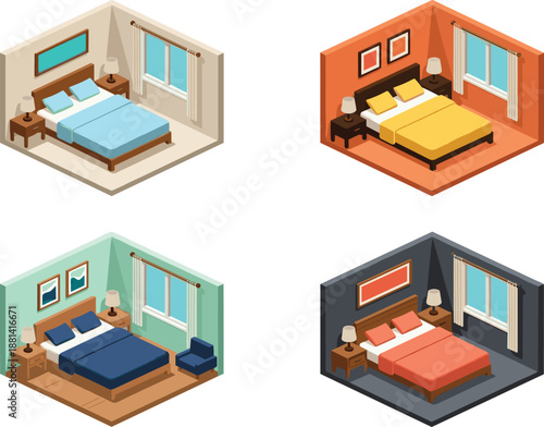 isometric bedroom interior illustration, modern home sleeping room designs collection, cozy furniture decor flat vector isolated