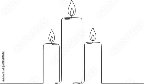 One line continuous three candle. Silhouette of burning memorial ceremony church tradition. Digital white single line sketch drawing vector illustration.