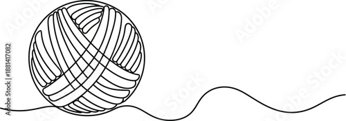 Ball of yarn continuous line sign. Round skein of knitting thread isolated on white background. Merino for knit needles, cotton for crochet. Crafting hobby. Vector sketch symbol for handmade design.