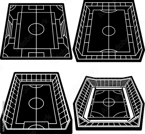 Set of A geometric vector plan of a sports ground showing penalty areas and center circle.