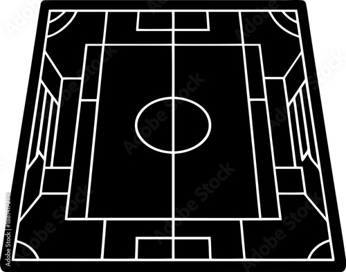 A geometric vector plan of a sports ground showing penalty areas and center circle.