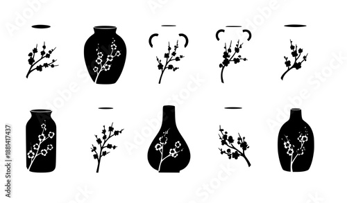 Minimal ceramic vase vector set with sakura cherry blossom branches