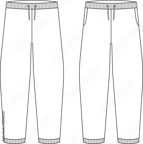 Minimalist fashion technical drawing of men s sweatpants displayed from front and back. Modern flat line illustration for sportswear design, garment specification sheets, and fashion templates.