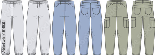 Vector illustration set of men pants including joggers, jeans, and cargo trousers. Front and back views shown in flat design style. Ideal for fashion design, apparel catalog, e-commerce.