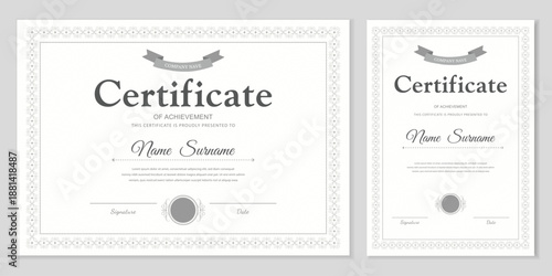 Modern certificate and diploma template in gray and white. Two formats: horizontal and vertical. Elegant frame with patterns, ribbon. Editable vector for business, studies, awards.