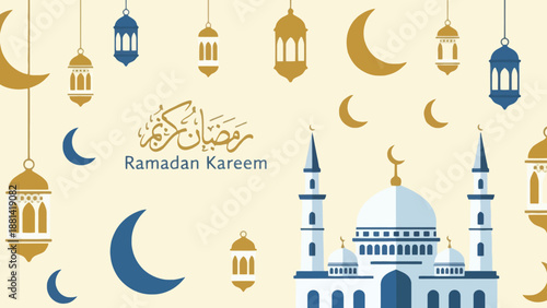 Ramadan Kareem celebration with mosque lanterns crescent moon