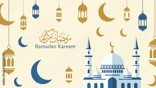 Ramadan Kareem celebration with mosque lanterns and crescent moons
