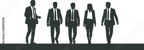 Five business silhouettes in suits and ties walking standing and gesturing in monochrome