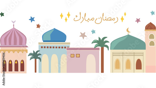 Vibrant illustration of mosques with domes and minarets under starry night sky with Arabic calligraphy