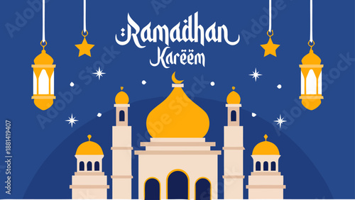 Ramadhan Kareem illustration depicts a mosque under starry night sky with hanging lanterns