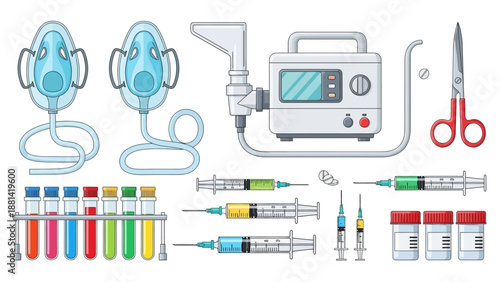Medical equipment and supplies arranged neatly on a clean surface, showcasing various tools and devices used in healthcare settings
