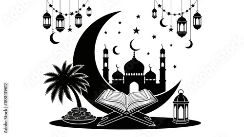 Islamic illustration featuring mosque, crescent moon, lanterns, and open book on a serene night