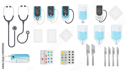 Medical equipment and supplies arranged neatly, showcasing stethoscopes, monitors, IV bags, and surgical instruments in a clean and organized environment from a top-down viewpoint