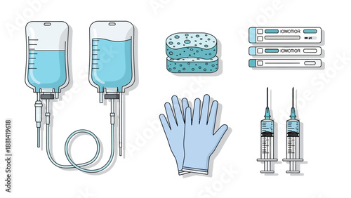 Medical supplies including IV bags, bandages, gloves, and syringes on a white background, depicted in a detailed illustration.