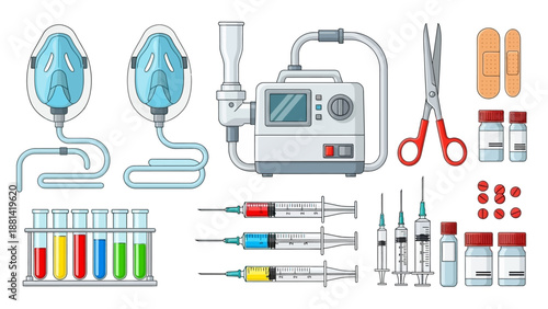 Medical equipment and supplies including oxygen masks, ventilator, syringes, and medication arranged on a clean surface from a top-down viewpoint