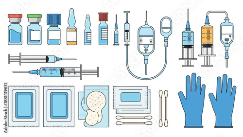 Medical supplies and equipment including syringes, vials, gloves, and IV drip setup in a clinical setting