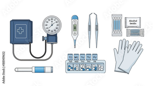 Medical equipment laid out on a clean surface for a health checkup or examination in a clinical setting