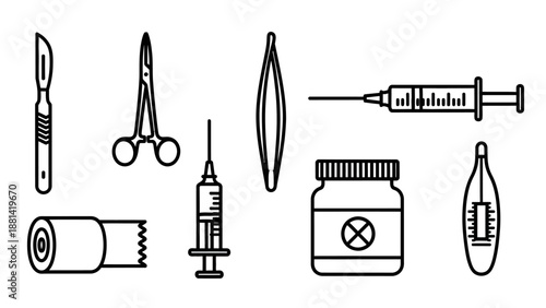 Medical instruments and supplies neatly arranged for a surgical procedure or first aid treatment illustration
