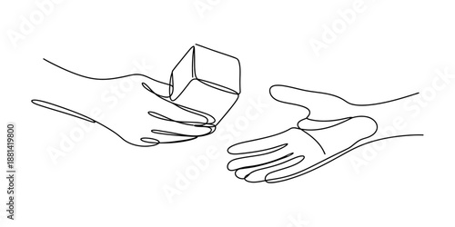Continuous line art illustration depicting one hand passing a small box to another hand, symbolizing concepts like giving, exchange, or delivery Vector, illustration