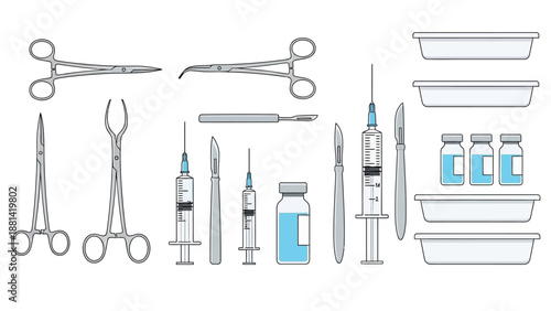 Medical instruments and equipment arranged on a tray from a top-down viewpoint