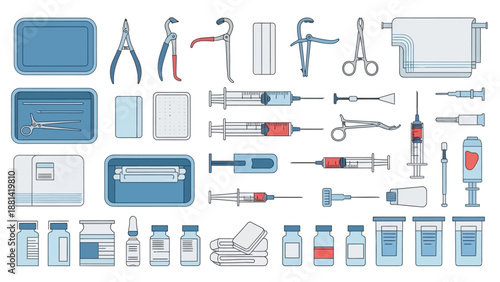 Medical equipment and supplies arranged neatly for healthcare professionals, showcasing various medical tools and instruments for medical procedures
