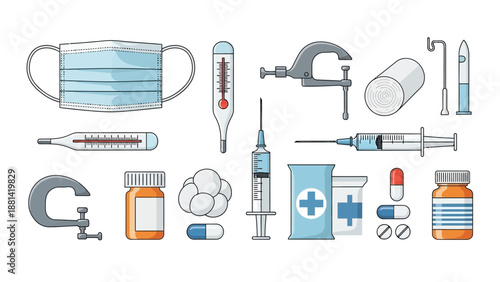 Medical supplies and equipment illustration on a clean white background viewed from directly above