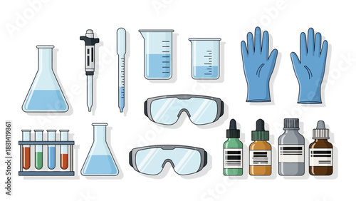 Laboratory equipment and safety gear displayed on a clean white surface from a direct overhead viewpoint