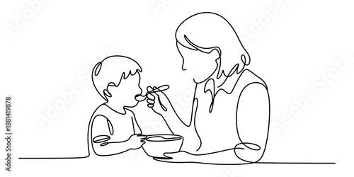 A heartwarming continuous line drawing illustrating a mother lovingly feeding her young child Vector, illustration