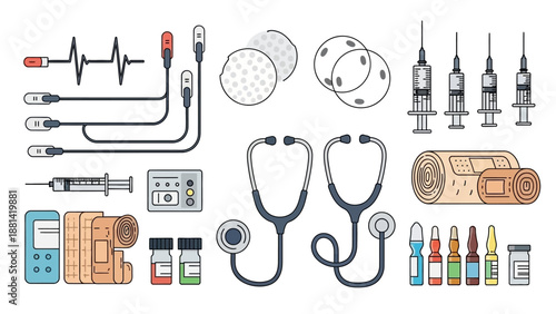 Medical equipment and supplies displayed on a clean white background showcasing stethoscope, syringe, and various medical tools
