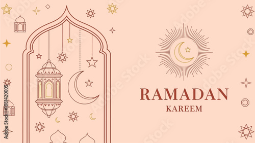 Elegant Ramadan Kareem Greeting Card with Islamic Lanterns and Crescent Moon Design