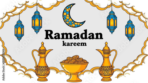 Beautiful vector illustration celebrating the holy Islamic month, featuring a crescent moon, glowing lanterns, traditional dates, and ornate Arabic ewers for festive design