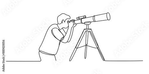 A person observing the night sky with a telescope in a continuous line art style drawing Vector, illustration