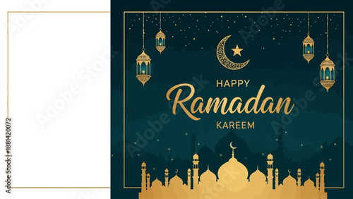 Ramadan Kareem - Islamic Crescent Moon, Lanterns, Quran, and Food Bowl illustration for Eid celebrations and Iftar