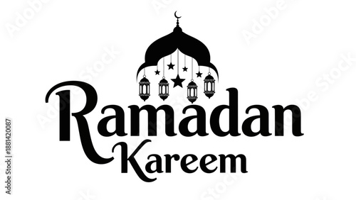 Elegant monochrome design for a blessed spiritual occasion, featuring a stylized mosque, crescent, stars, and traditional lanterns, conveying wishes of peace and joy