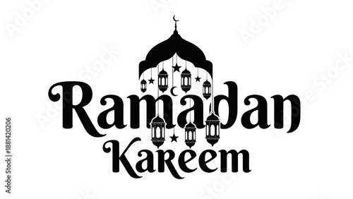 Elegant black and white calligraphic illustration for Islamic holy month greetings, featuring a traditional mosque silhouette and festive hanging lanterns, perfect for seasonal celebrations