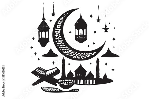 Hand-drawn vector illustration of a crescent moon, mosque, and traditional lanterns, symbolizing Ramadan and Eid Mubarak, perfect for Islamic cultural designs