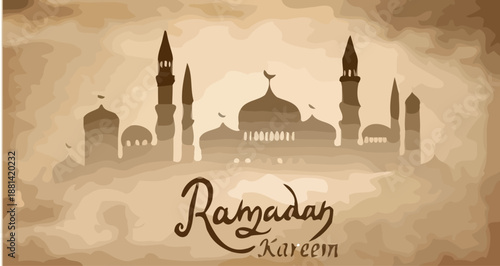 Ramadan Kareem Greeting Card with Mosque Silhouette and Arabic Calligraphy on Vintage Paper Texture