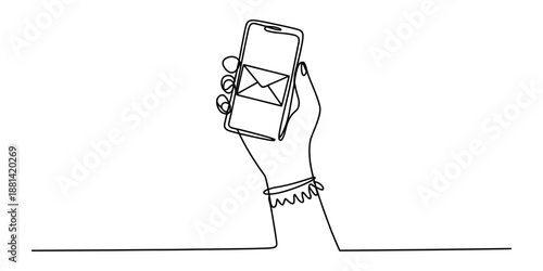 Continuous line art drawing of a hand holding a smartphone receiving a message Vector, illustration