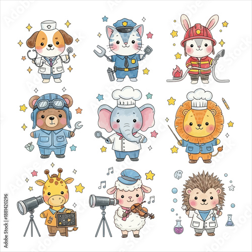 Cute animals in various professions vector illustration