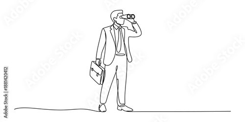 Continuous line drawing of a businessman looking for opportunities with binoculars Vector, illustration