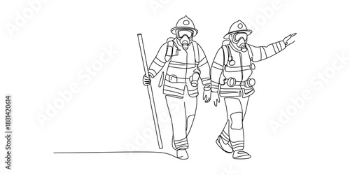 Line art illustration of two firefighters walking in full protective gear Vector, illustration