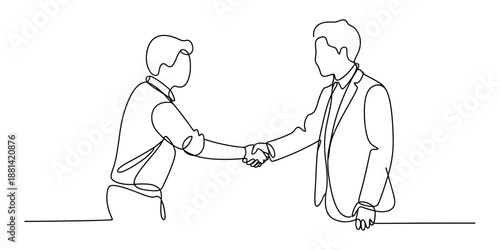 A continuous line drawing of two people shaking hands to signify business agreement and partnership Vector, illustration
