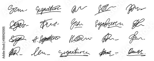 Doodle Fake Signature Autograph Set. Doodle Random Handwritten Sample Name Sign Signature Kit. Vector Handwriting Line Isolated Graphic Clipart