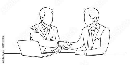 Continuous line art of two businessmen shaking hands after a successful meeting Vector, illustration