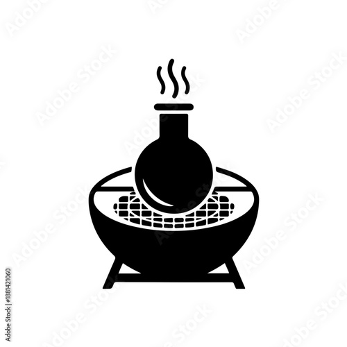Laboratory heating mantle icon featuring a specialized circular heating nest designed for a round-bottom flask. illustration represents precise organic chemistry distillation and heating processes