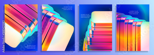 Vibrant abstract 3d metal shapes across four panels in neon iridescent gradient colors cover poster background design set, A quartet of glossy, iridescent metal forms arranged in four panels.
