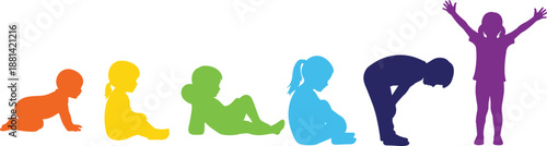 Colorful Silhouettes Representing Child Development Stages From Infancy to Childhood Including Crawling Sitting Playing and Standing Up Isolated on White Background for Early Growth Concepts