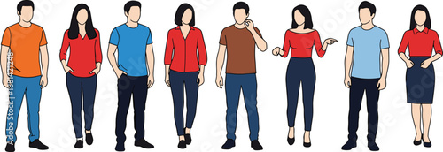 Diverse group of faceless people standing in casual and business casual outfits, minimalist flat vector illustration of multiethnic men and women for corporate teamwork